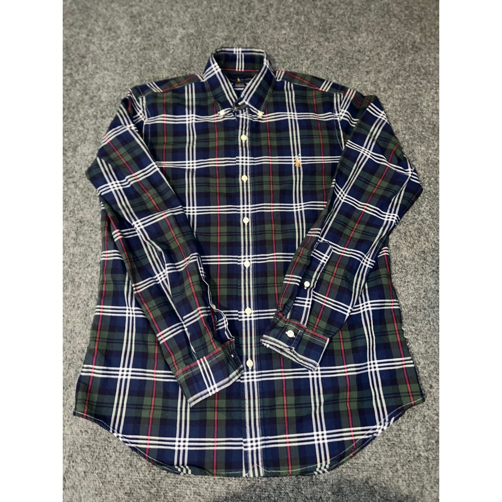 Ralph Lauren Mens Medium Classic Fit Plaid Button Down Shirt Green Navy Cotton